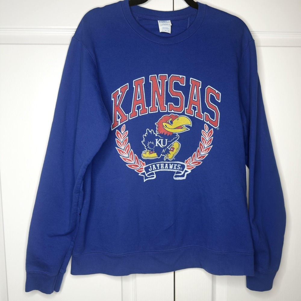 Kansas Jayhawks Sweatshirt Mens Medium Blue NCAA College Port & Company Crewneck